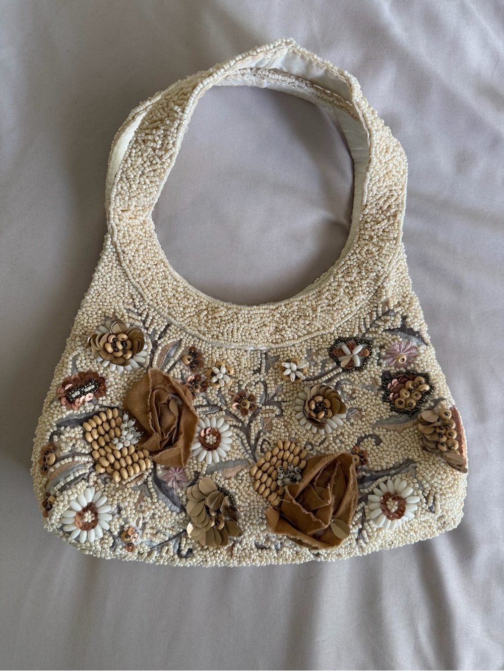T.J.Maxx Cream Beaded Floral Appliqué Shoulder Bag